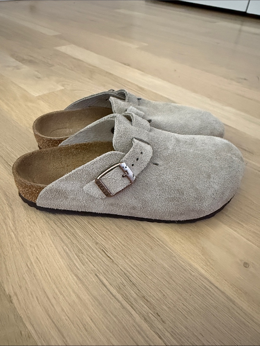 Birkenstock Kids Suede Clog in Beige with Silver Buckle